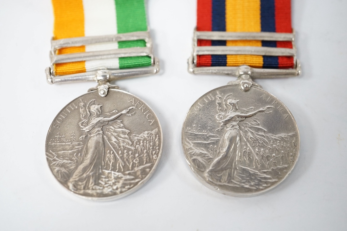 Two Boer War medals; a Queen’s South Africa Medal with clasps for Cape Colony and Orange Free State, together with a King’s South Africa Medal with clasps for South Africa 1901 and South Africa 1902. Condition - fair, bo